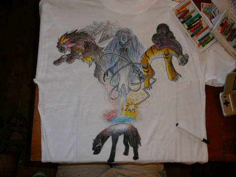 Tričko předkreslené Gardi a vybarvené En-Cu-Kouem.

na fotce jsou: Entei, Suicune, Raikou